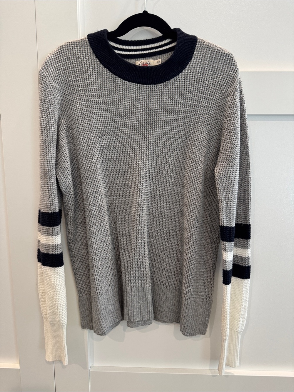 Faherty Gray Crewneck Sweater with Navy & White Striped Sleeves